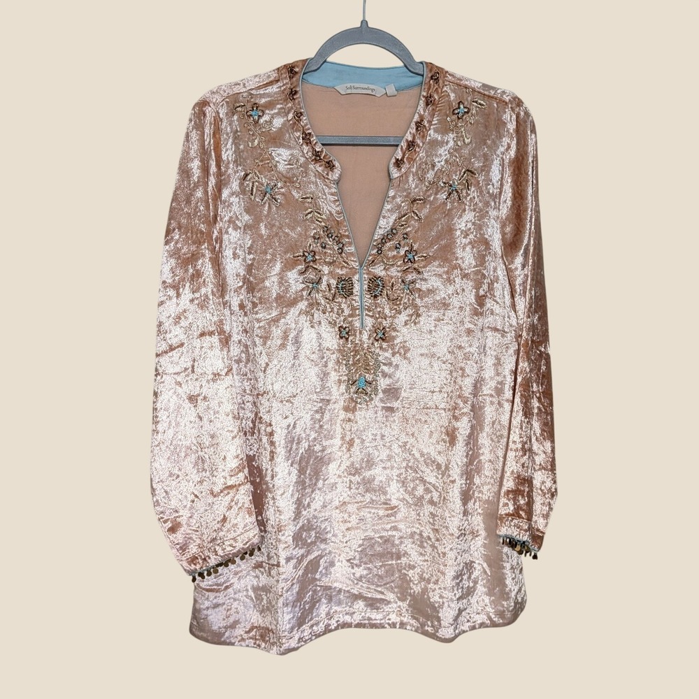 Soft Surroundings Moroccan Velvet Embroidered Boho Tunic Blouse Peach Pink Large